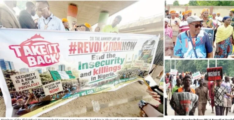 The RevolutionNow Movement and the #TakeItBack Movement on Wednesday staged coordinated protests in Abuja and Lagos, demanding urgent government action over worsening economic hardship, rising insecurity and xenophobic attacks against Nigerians in South Africa.